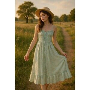 Jessica Simpson Floral Boho Cottagecore Smocked Bodice Ruffle Hem Midi Dress L